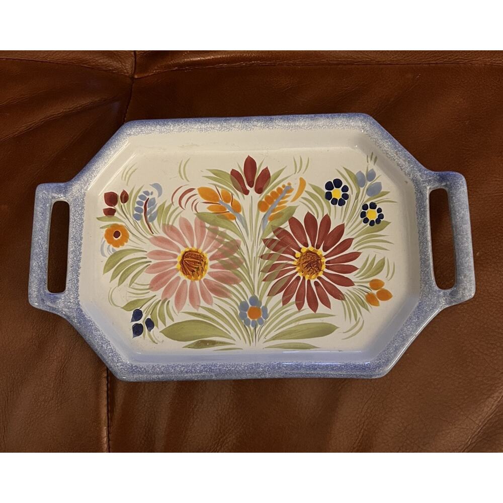 2 Handles Tray , Fleuri Royal Henriot Quimper France Floral Blue White 6 X 10”d